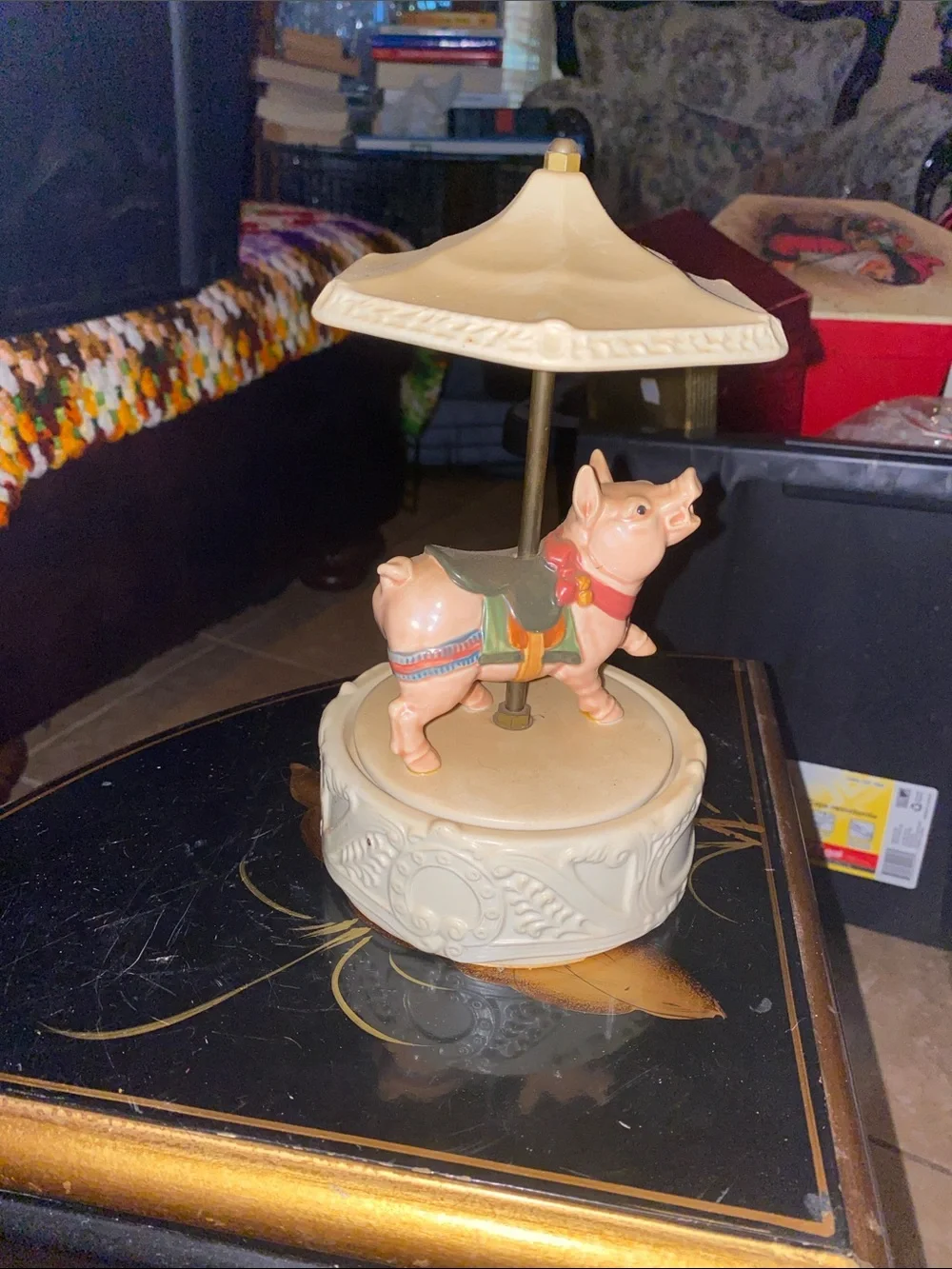 Rare Vintage Carousel music box, pig rotates while playing the song 